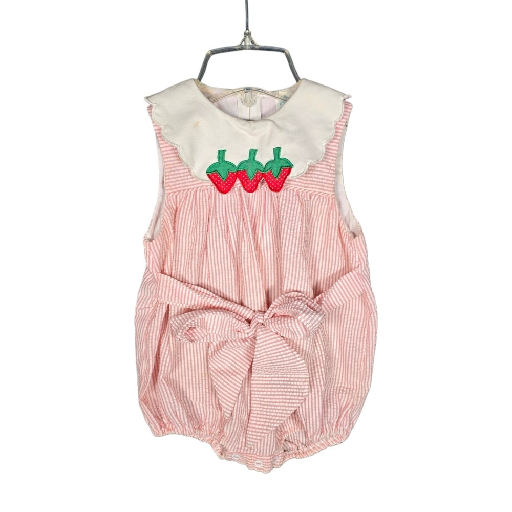 Vintage Strawberry Romper Girls 2T Seersucker Striped Sleeveless Bow Embroidered